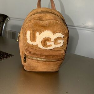 UGG Chestnut Suede Mini Backpack with Cream Shearling Logo